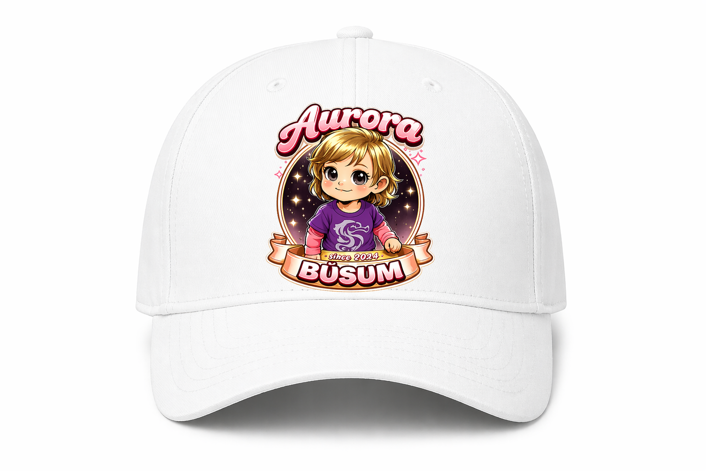 Basecap in drei Farben, schwrz, rosa, weiß, Design Aurora Büsum 2024