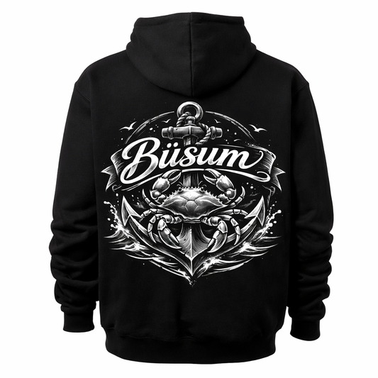 Schwarzer Hoodie mit Büsum Anker auf den Rücken in schwarz